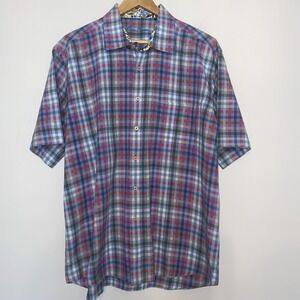 Alan Flusser Plaid Short Sleeve Button Down Shirt XL Floral Contrast Collar